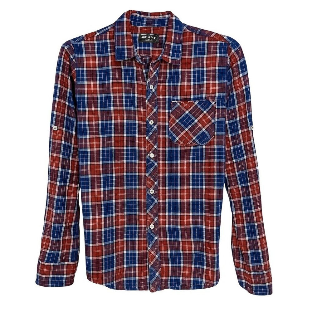 Jeep Spirit Plaid Flannel Button Down Shirt Womens S Red Blue Roll Tab Sleeve - Picture 2 of 13